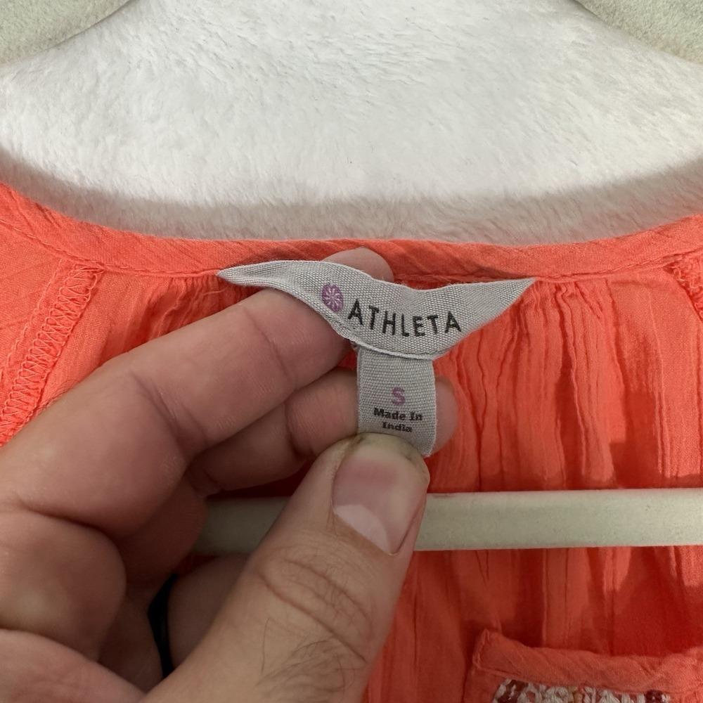 Athleta Embroidered Beaded Tunic S Coral Orange Cotton Sequin V-Neck Boho Resort - Picture 4 of 9